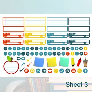 May include: A sheet of colorful stickers with various designs, including numbers, a red apple, hearts, checkmarks, sticky notes, a pencil, a cup of coffee, a trash can, a recycle symbol, a shopping cart, a heart, an airplane, a gift box, a birthday cake, a car, and a star. The sheet is labeled "Sheet 3".