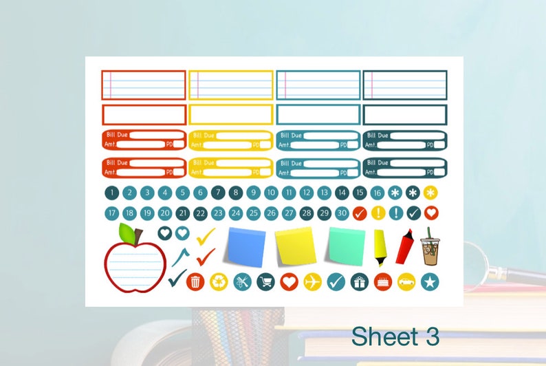 May include: A sheet of colorful stickers with various designs, including numbers, a red apple, hearts, checkmarks, sticky notes, a pencil, a cup of coffee, a trash can, a recycle symbol, a shopping cart, a heart, an airplane, a gift box, a birthday cake, a car, and a star. The sheet is labeled "Sheet 3".