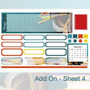 May include: Printable planner sheet with a school theme. The sheet includes a calendar for September, a list of things to do, and a section for notes. The sheet is decorated with images of pencils, books, and a red notebook.