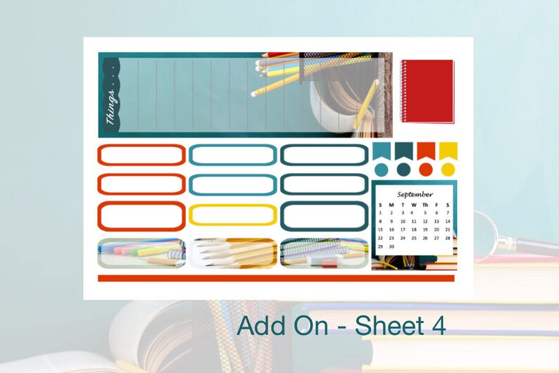 May include: Printable planner sheet with a school theme. The sheet includes a calendar for September, a list of things to do, and a section for notes. The sheet is decorated with images of pencils, books, and a red notebook.