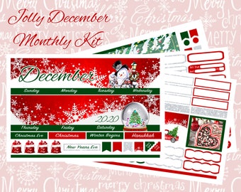 May include: A planner kit with a Christmas theme. The kit includes stickers and decorative elements with a red, green, and white color scheme. The text "Jolly December Monthly Kit" and "December" are visible. The kit features a snowman, snow globe, and holiday icons.