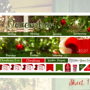 May include: A planner sheet with a Christmas theme. The top section says "December" with days of the week. The middle section has a Christmas tree with ornaments. The bottom section has Christmas-themed icons and text, including "Christmas Eve" and "Christmas".