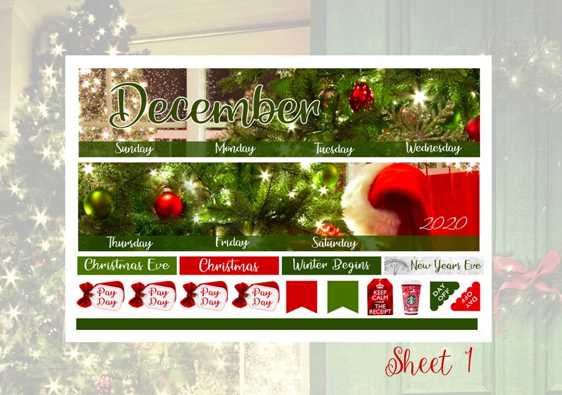 May include: A planner sheet with a Christmas theme. The top section says "December" with days of the week. The middle section has a Christmas tree with ornaments. The bottom section has Christmas-themed icons and text, including "Christmas Eve" and "Christmas".