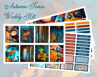 May include: A planner sticker kit titled "Autumn Tones Weekly Kit" with images of fall leaves, forests, and a cup of coffee. The kit includes functional stickers with text like "This Week" and "Shopping".