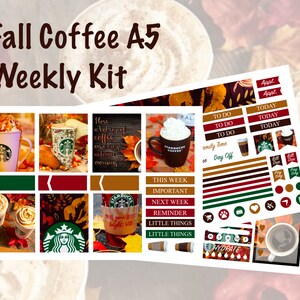 May include: A set of fall-themed planner stickers featuring coffee cups, autumn leaves, and the text "Fall Coffee A5 Weekly Kit". The stickers are in shades of brown, red, green, and white.