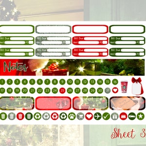 May include: Sheet of Christmas-themed planner stickers. Includes bill due sections, a notes section, date circles, and icons. Features a red and green color scheme with festive imagery like gifts and a Starbucks cup.