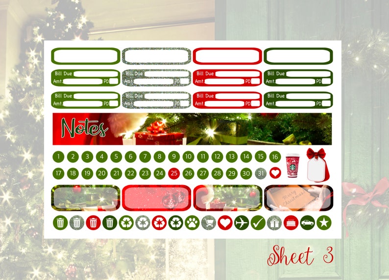 May include: Sheet of Christmas-themed planner stickers. Includes bill due sections, a notes section, date circles, and icons. Features a red and green color scheme with festive imagery like gifts and a Starbucks cup.