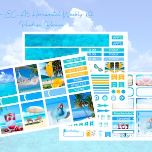May include: A set of colorful planner stickers with a tropical theme. The stickers feature images of palm trees, cocktails, sunglasses, and beach scenes. The stickers are designed for use in a weekly planner or journal.