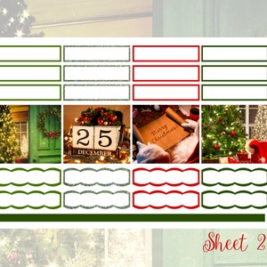 May include: Christmas-themed planner stickers with rectangular and scalloped shapes in green, red, and silver glitter. The image includes festive scenes: a decorated Christmas tree, a wreath, and a calendar block showing December 25.