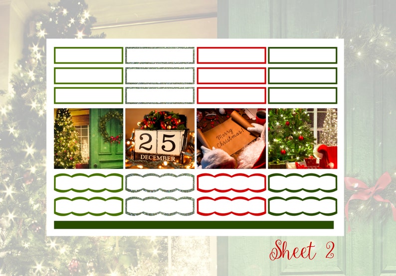 May include: Christmas-themed planner stickers with rectangular and scalloped shapes in green, red, and silver glitter. The image includes festive scenes: a decorated Christmas tree, a wreath, and a calendar block showing December 25.