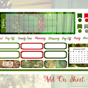 May include: A planner sticker sheet with a Christmas theme. The sheet includes rectangular and oval stickers in green and red, with text labels like "Yes!", "Day Off", and "Planning". A small calendar for January 2020 is also included.