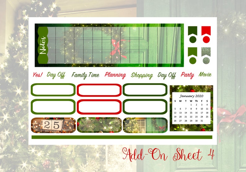 May include: A planner sticker sheet with a Christmas theme. The sheet includes rectangular and oval stickers in green and red, with text labels like "Yes!", "Day Off", and "Planning". A small calendar for January 2020 is also included.