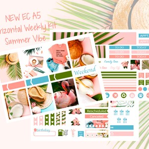 May include: A set of printable stickers for a weekly planner with a summer theme. The stickers feature images of coconuts, flamingos, palm leaves, and hats. The stickers also include text such as "Weekend", "Family Time", "Day Off", "Rescheduled", "Canceled", "Birthday", "Bill Due", and "To Do".