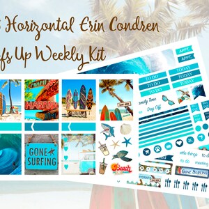 May include: A5 Horizontal Erin Condren Surfs Up Weekly Kit with a Surfs Up theme. The kit includes stickers with surfboards, beach scenes, and the text "Gone Surfing". The color scheme is turquoise and blue.
