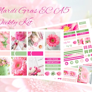 May include: A weekly planner kit with a Mardi Gras theme. The kit includes stickers with pink and green flowers, a pink and green color scheme, and text that says "Today is the beginning of whatever you want".