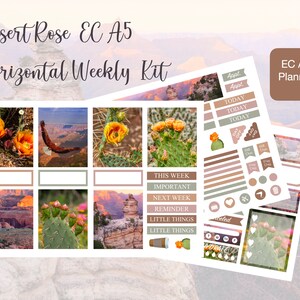 May include: A printable planner kit with a desert rose theme. The kit includes a weekly planner, stickers, and a variety of decorative elements. The images feature a desert landscape with cacti and a sunset.