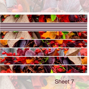 Puede incluir: Una hoja de collage digital con un tema oto&ntilde;al. La hoja presenta una variedad de colores oto&ntilde;ales, incluyendo rojo, naranja, amarillo, marr&oacute;n y verde. La hoja est&aacute; dividida en siete tiras horizontales, cada una con un dise&ntilde;o diferente. La hoja est&aacute; etiquetada "Hoja 7".