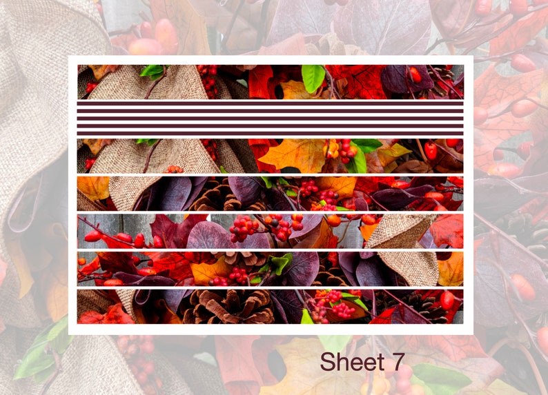 Puede incluir: Una hoja de collage digital con un tema oto&ntilde;al. La hoja presenta una variedad de colores oto&ntilde;ales, incluyendo rojo, naranja, amarillo, marr&oacute;n y verde. La hoja est&aacute; dividida en siete tiras horizontales, cada una con un dise&ntilde;o diferente. La hoja est&aacute; etiquetada "Hoja 7".
