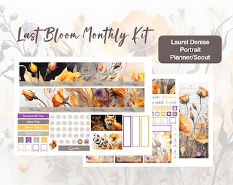 May include: A Last Bloom Monthly Kit for a Laurel Denise Portrait Planner/Scout featuring floral designs with yellow and orange flowers, a fox illustration, calendar dates, and labels for September, including various functional stickers and headers.