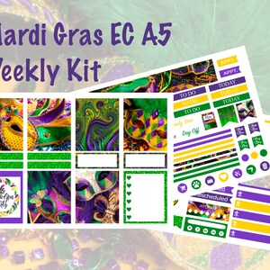 May include: A set of Mardi Gras themed planner stickers in green, purple, and gold. The stickers feature masks, beads, and the text "Mardi Gras Party".