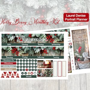 May include: A Holly Berry Monthly Kit portrait planner with a December theme. The planner features a green and wood grain background with red holly berries and text. Includes stickers for Christmas Eve, Christmas, Winter Begins, and Hanukkah.