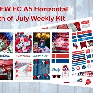 May include: A set of 4th of July themed planner stickers featuring images of fireworks, a classic car, a Statue of Liberty, and a mason jar with red, white, and blue decorations. The stickers also include text such as "Barbecue", "Fireworks", "Summer", and "Family".
