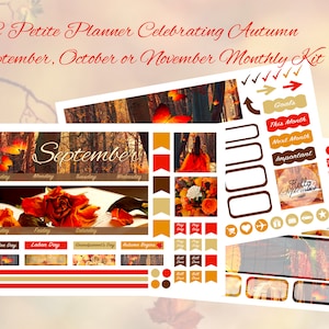 May include: A printable planner kit with autumn-themed stickers and a calendar page for September. The stickers feature fall colors like red, orange, and brown, and include designs like leaves, flowers, and a book. The calendar page has a brown background with a forest scene and the word "September" in red.