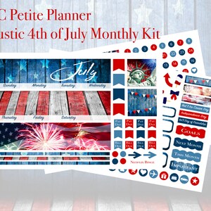 May include: A printable planner kit with a July theme. The kit features a red, white, and blue color scheme with stars and stripes, fireworks, and a wooden background. The kit includes a monthly calendar, stickers, and other planner accessories.