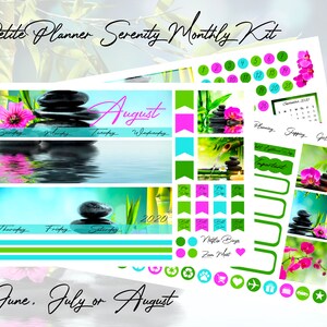 May include: A printable planner kit with a serenity theme. The kit includes a monthly calendar, stickers, and other planner accessories. The design features a spa-like theme with bamboo, stones, and flowers in shades of green, pink, and blue.