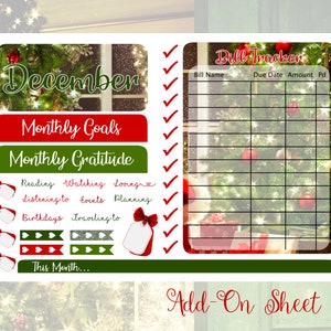 May include: A Christmas-themed planner sticker sheet with the word "December" in a decorative font. Includes sections for monthly goals, gratitude, and a bill tracker. Features red and green accents and the text "Add-On Sheet 5".