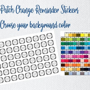 May include: A sheet of sticker labels with the text "Change Patch" printed on each label. The labels are arranged in a grid pattern. A colour chart with a variety of colours is shown in the background.