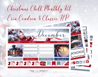 May include: A Christmas-themed planner kit with a wintery design. The kit includes stickers and decorative elements for December, featuring red and white accents, Christmas Eve, Christmas, and New Year's Eve. The kit is designed for Erin Condren and Classic HP planners.
