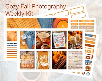 May include: A digital planner kit with a fall theme. The kit includes images of pumpkins, coffee, fall leaves, and other fall-themed items. The kit also includes text boxes for writing notes and lists. The text on the kit includes "Cozy Fall Photography Weekly Kit", "Pumpkin Spice & Nice", "Give Thanks Eat Pie!" and "Coffee Coffee Coffee".