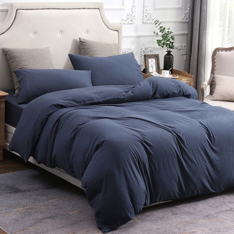 Pure Era Cotton Jersey Knit Home Bedding Sets Luxurious Duvet Cover Comforter Quilt Doona Solid Navy Blue Queen King