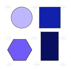 Puede incluir: Cuatro formas geométricas: un círculo morado claro, un cuadrado azul oscuro, un hexágono morado y un rectángulo azul marino. Cada forma tiene un contorno negro y está sobre un fondo blanco. El texto "Cute Little Cookie" se repite alrededor de las formas.