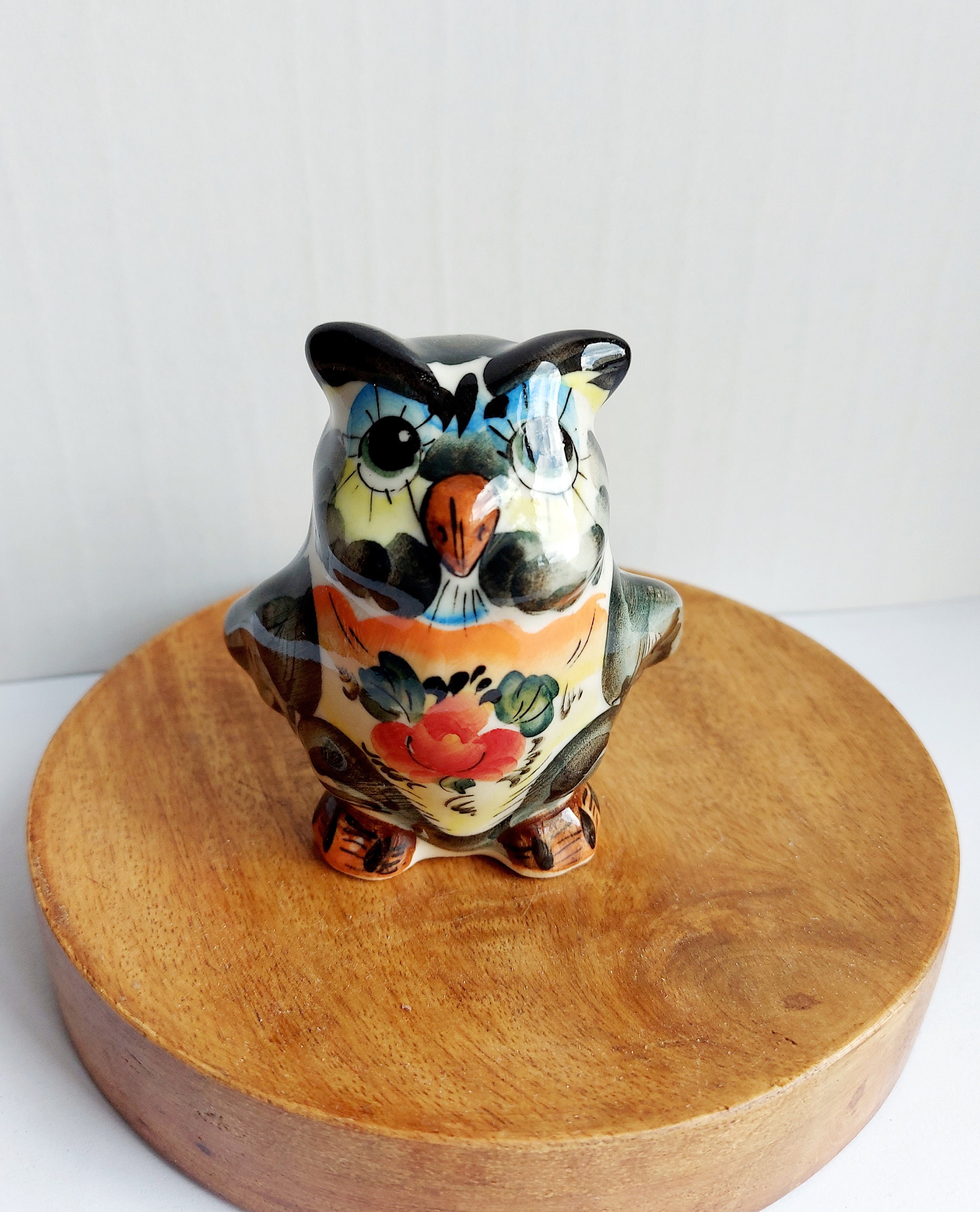 Hand-Painted Porcelain Owl Figurine: Cobalt Blue Gzhel Style