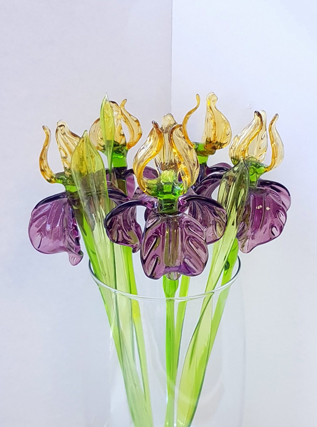 True Size Glass Iris Flower With Leaf, Yellow Purple Blown Glass Iris