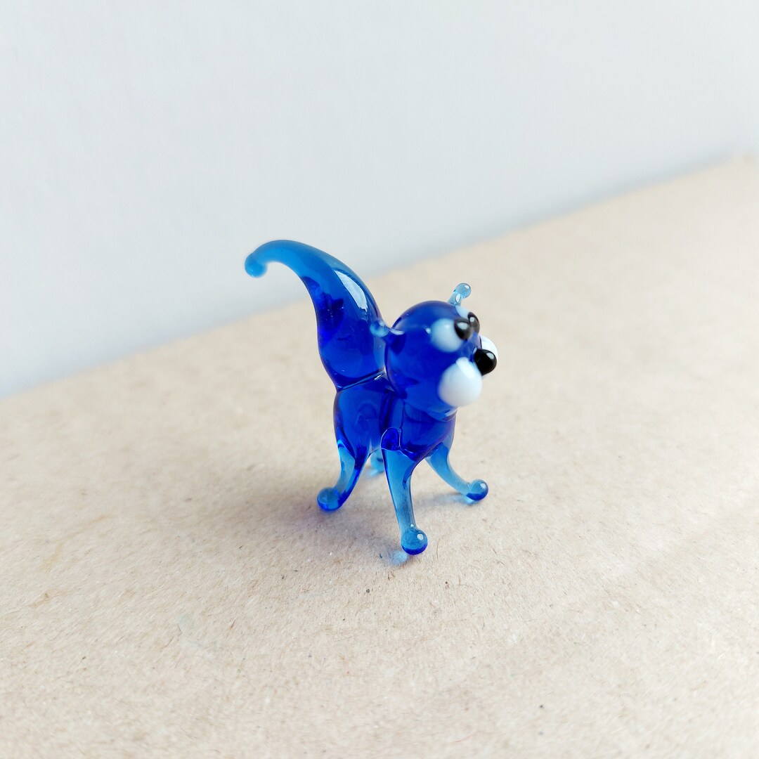 Miniature Glass Figurines, Miniature Glass Blue Cat, Murano Glass Blue