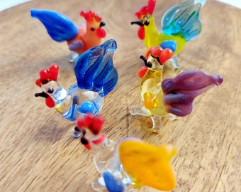 Miniature Glass Rooster Figurines, Miniscule Glass Animals, Hand Blown Glass Rooster, Collectible Glass Rooster, Doll House Figurines