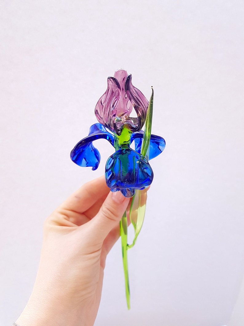 True Size Glass Iris Flower With Leaf Blue Purple Blown Glass Etsy