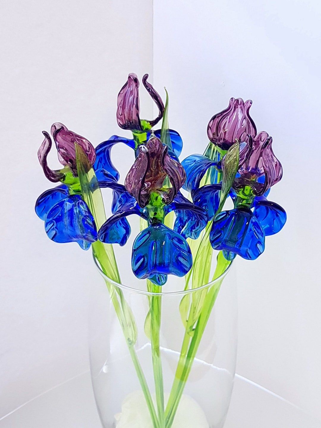 True Size Glass Iris Flower With Leaf, Blue Purple Blown Glass Iris