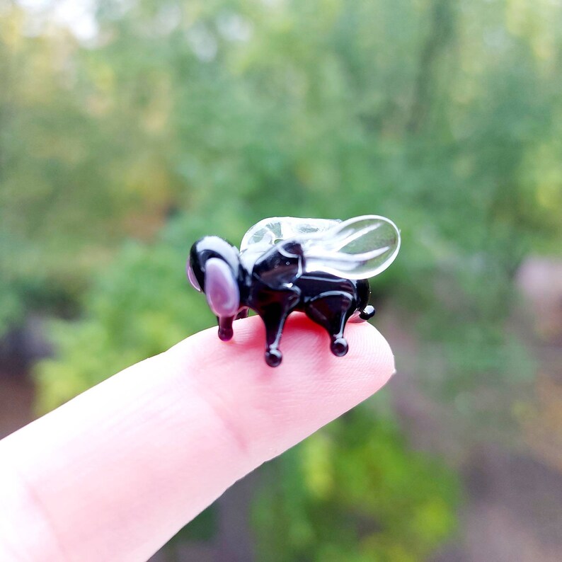 May include: A small glass fly figurine with black and clear glass wings. The fly is perched on a finger.