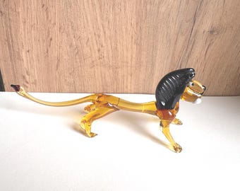 Hand Blown Glass Lion Figurine, Amber and Black, African Animal Collectible