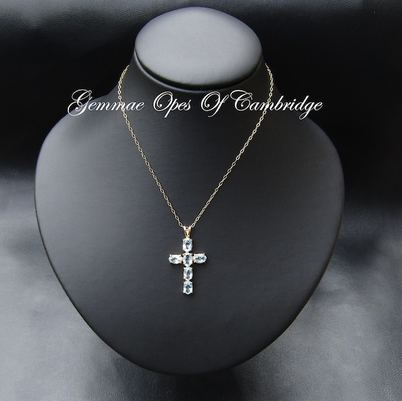 9k 9ct Gold 18" Sky Blue Topaz Cross Crucifix Pen… - image 2
