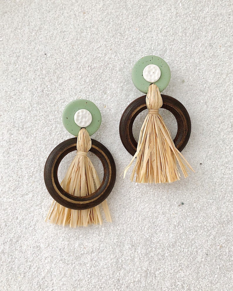 Straw Earrings Polymer Clay Wooden Earrings Straw Dangles Etsy