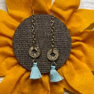 Chinese Coin and Blue Tassel Earrings