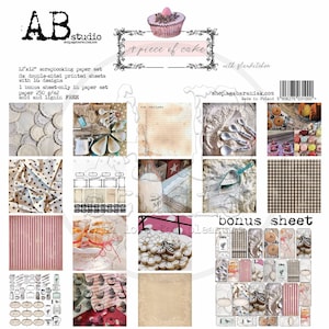 May include: A scrapbooking paper set with 8 double-sided sheets and 16 designs. The set includes a bonus sheet with a variety of images, including cupcakes, spoons, and a milk bottle. The paper is acid and lignin free and measures 12x12 inches.
