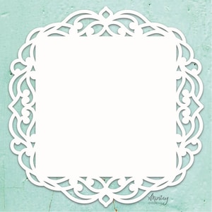 May include: White square frame with a decorative, intricate, lacy border. The frame is on a light blue background.