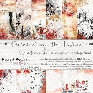 May include: A set of 6 double-sided papers with 12 designs, featuring a Japanese theme with red, white, and black colors. The papers are 30.5 x 30.5 cm and 250g. The set includes an extra sheet with extras to cut on the other side of the cover. Acid & Lignin Free. Made in Poland. CC-ZD-PW-MM14