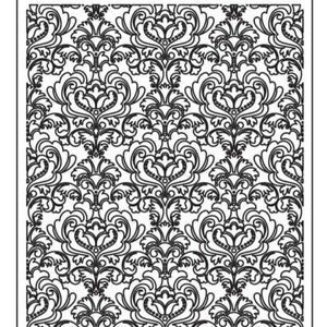 May include: A black and white damask pattern stencil for crafting and decorating. The stencil is made of a durable plastic material and features a repeating pattern of intricate floral designs.
